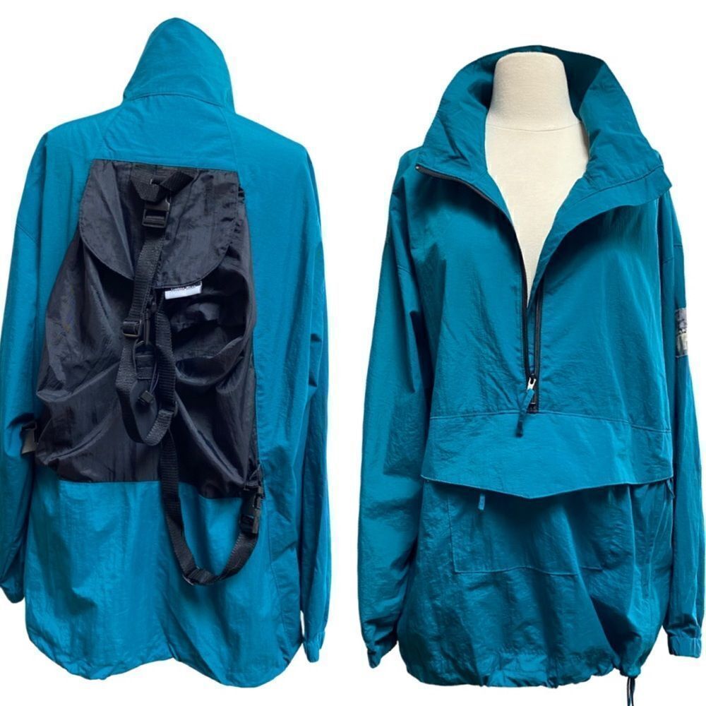 Super Rare Vintage Hiking Climbing Built in Backpack Windbreaker Teal